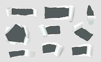 Paper holes with ripped edges, tear or gap in page sheet. Realistic torn papers sheets with curled edge, damaged or ragged pages vector set