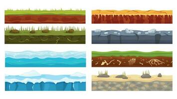 Cartoon seamless ground texture, game foreground design elements. Grass, soil, desert, ice, ocean gaming landscape grounds vector set