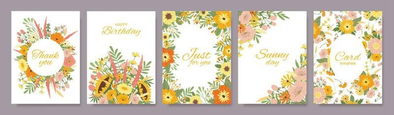Floral greeting cards with spring blossom flowers, botanical pattern card. Wildflowers background birthday invite, poster template vector set