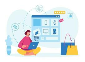 Internet shop concept, girl make order or do shopping vector