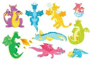 Cartoon fairytale dragon characters, cute baby dragons. Fantasy creature breathing fire, magical flying reptiles, fairy tale animals vector set
