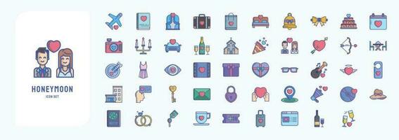 Honeymoon and romance, including icons like Airplane, Photo album, Bag, Cake and more vector