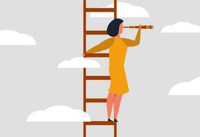 Career opportunities for women in business. A woman stands on the stairs and looks out of the telescope into the future. Search for goals and objectives, business leader woman. Vector illustration