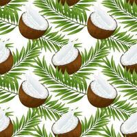 Seamless pattern, coconuts, coconut halves with milk splash and palm leaves. Tropical background, print, textile, wallpaper, vector