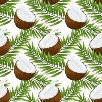 Seamless pattern, coconuts, coconut halves with milk splash and palm leaves. Tropical background, print, textile, wallpaper, vector