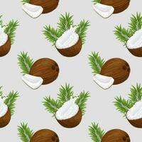 Seamless pattern, coconuts, coconut halves with milk splash and palm leaves. Tropical background, print, textile, wallpaper, vector