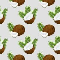 Seamless pattern, coconuts, coconut halves with milk splash and palm leaves. Tropical background, print, textile, wallpaper, vector