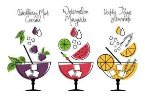 Set of colorful fruit cocktails, soft drinks. Icons, vector