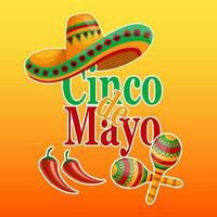 Colorful Cinco de Mayo banner with Mexico symbols, tacos, guitar, sombrero and maracas. Illustration, poster, vector