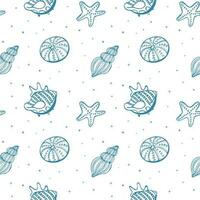 Seamless pattern with contour blue shells and seahorses on a white background. Marine background, textile, vector