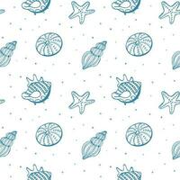 Seamless pattern with contour blue shells and seahorses on a white background. Marine background, textile, vector