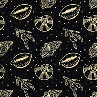 Seamless pattern of golden sea shells and seahorses on a black background with stars. Mystical background, textile, vector