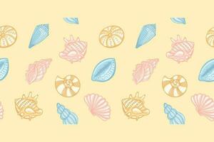 Seamless pattern of sea shells in pastel colors on a pale yellow background. Seamless border. Vector
