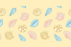 Seamless pattern of sea shells in pastel colors on a pale yellow background. Seamless border. Vector