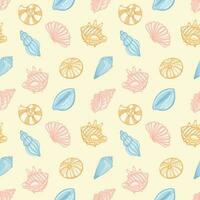Seamless pattern of sea shells in pastel colors on a pale yellow background. Vector