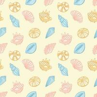 Seamless pattern of sea shells in pastel colors on a pale yellow background. Vector