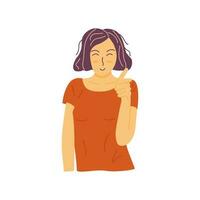 Cheerful girl points her finger forward. Vector colorful