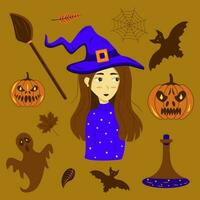 Girl with long hair, a witch in a hat vector