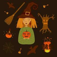 Red haired girl witch in hat holds pumpkin vector