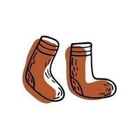 Warm cozy line socks. Brown shape behind. Doodle vector