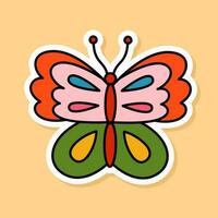 Vector Retro Butterfly sticker isolated on yellow background. 70s style cartoon insect with white contour