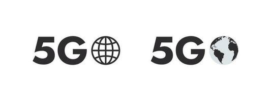 5G network icons with planet sign. Icons indicators of the quality of cellular communication. Superfast 5G cellular. Vector scalable graphics