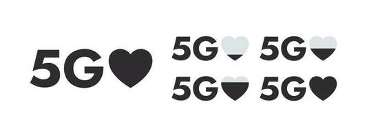 5G network icons with heart sign. Icons indicators of the quality of cellular communication. Superfast 5G cellular. Vector scalable graphics