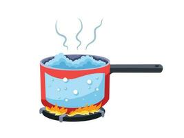Boiling water in red pot pan on top of stove flames with smokes vector illustration isolated on white landscape horizontal background template. Simple flat art styled cooking themed drawing.