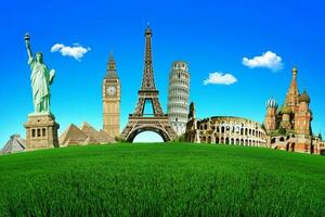 Concept of travel. Green field with the wonders of the world. Around The World Tours photo