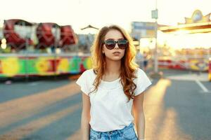 elegante hermosa niña en de moda ropa a puesta de sol. foto