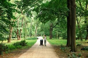 mamá camina en el parque con paseante foto