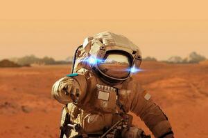 Spaceman walks on the red planet Mars. Space Mission. Astronaut travel in space photo