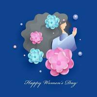 lado ver de joven niña personaje con lustroso flores y perlas decorado en azul antecedentes para contento De las mujeres día concepto. vector