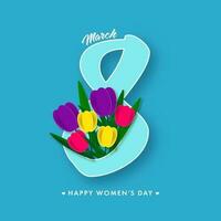 contento De las mujeres día saludo con texto 8 marzo y vistoso papel flores vector