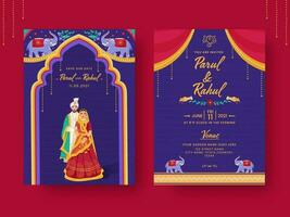 India Kitsch Style Wedding Invitation Card With Event Details In Front And Back View. vector