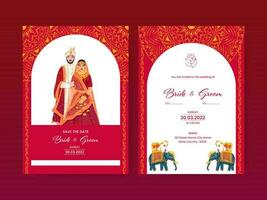 Indian Wedding Card Template Design With Hindu Bridegroom Character In Red And White Color. vector