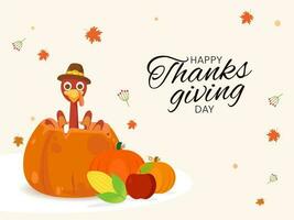 Happy Thanksgiving Day Font With Cartoon Turkey Bird, Pumpkins, Apple, Corn And Maple Leaves Decorated Background. vector