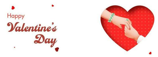 Happy Valentine's Day Font With Couple Hands And Paper Cut Heart On White Background. vector