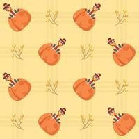 Cartoon Turkey Bird Inside Pumpkin Decorated On Yellow Square Pattern Background. vector