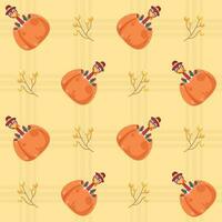 Cartoon Turkey Bird Inside Pumpkin Decorated On Yellow Square Pattern Background. vector