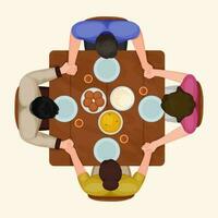 Top View Of People Holding Hands And Praying At Dinner Table For Festival Celebration. vector