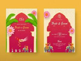 Indian Wedding Invitation Template Layout In Front And Back View On Yellow Background. vector