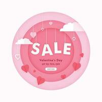 Valentine's Day Sale Poster Design With Paper Hearts, Clouds Hang On Pink And White Background. vector