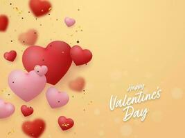 Happy Valentine's Day Font With Glossy Hearts Decorated On Yellow Background. vector