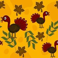 Cartoon Turkey Birds And Autumn Leaves Decorated On Yellow Background. vector