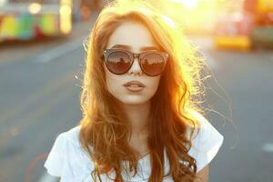 Beautiful young hipster girl in fashionable sunglasses standing on the beach on the amazing sunset photo