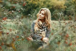 Pretty woman in autumn clothes posing in the garden. photo