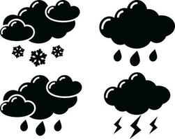 clima íconos colocar. conjunto de negro nubes con copos de nieve y lluvia. vector ilustración