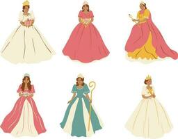 ilustración de un mujer en vestido. conjunto de hermosa princesas en diferente vestidos. aislado vector ilustración.