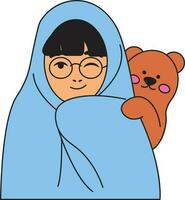 Cute cartoon girl in a blue blanket with a teddy bear. Vector illustration.